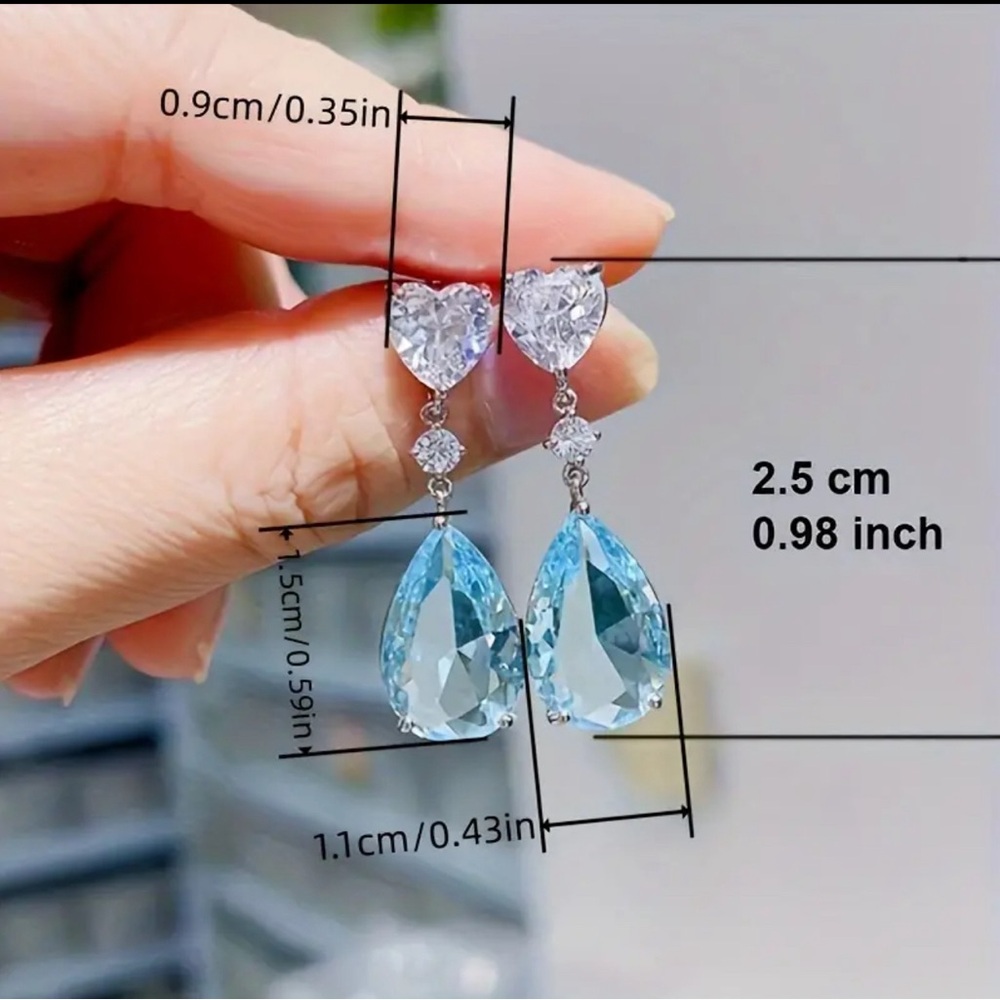 Aquamarine Heart Earrings Cubic Zirconia Teardrop Luxury Bridal Hypoallergenic - Picture 5 of 6